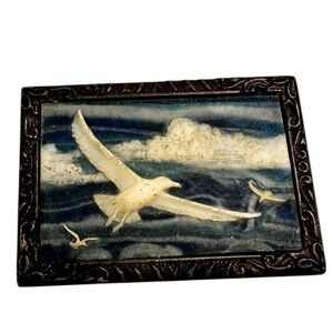 Incolay Brass Belt Buckle Stone Inlay Seagulls Birds Flying Ocean USA 1976